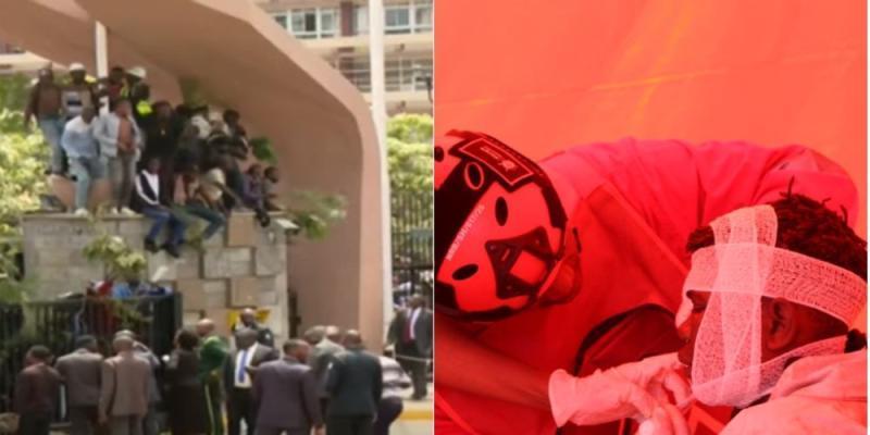 A collage of people attempting to breach Parliament and Red Cross treating Injured people.